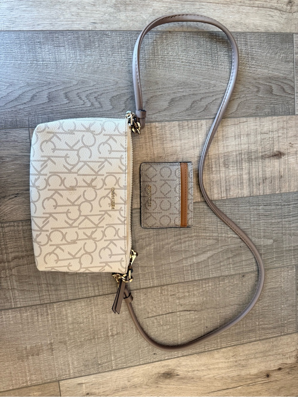 Calvin Klein Beige Monogram Crossbody Bag with Card Holder